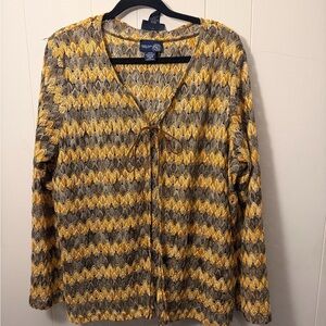 Venezia Crochet Chevron Tie-Front Cardigan with tank in Mustard & Olive